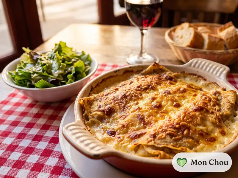 Crêpes au jambon gratinées et salade