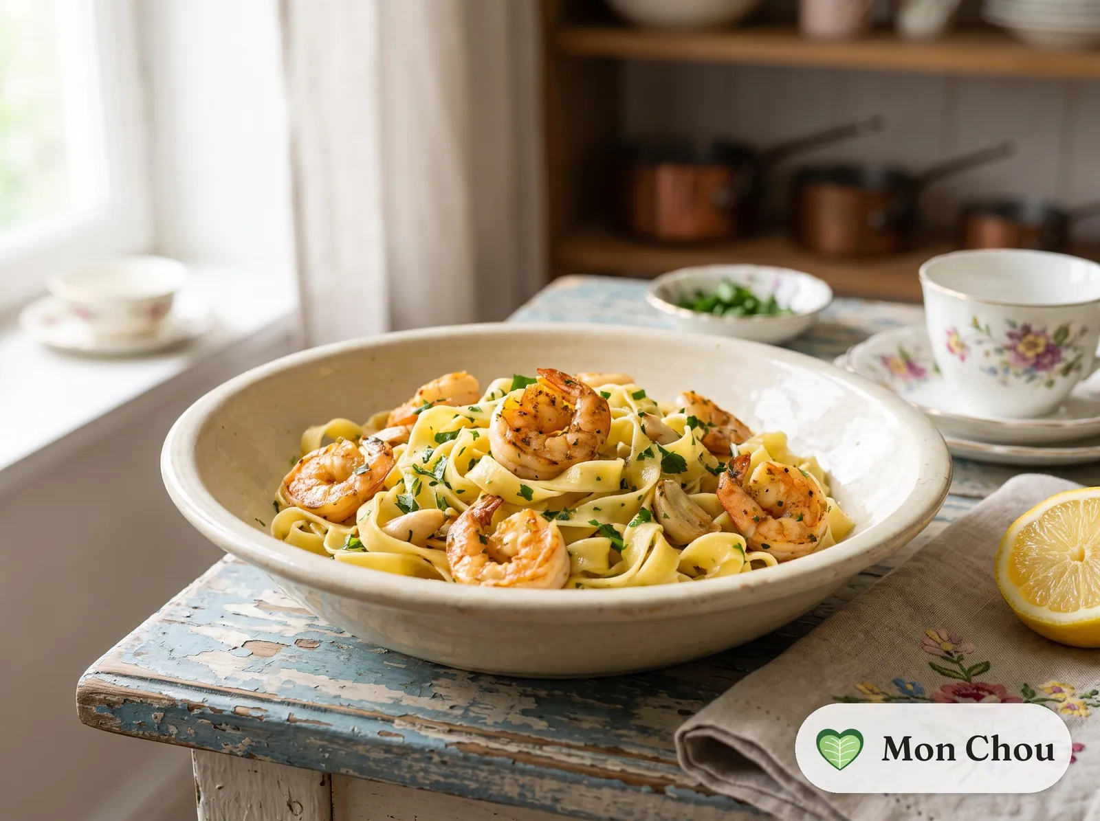 Garlic parsley shrimp with tagliatelle