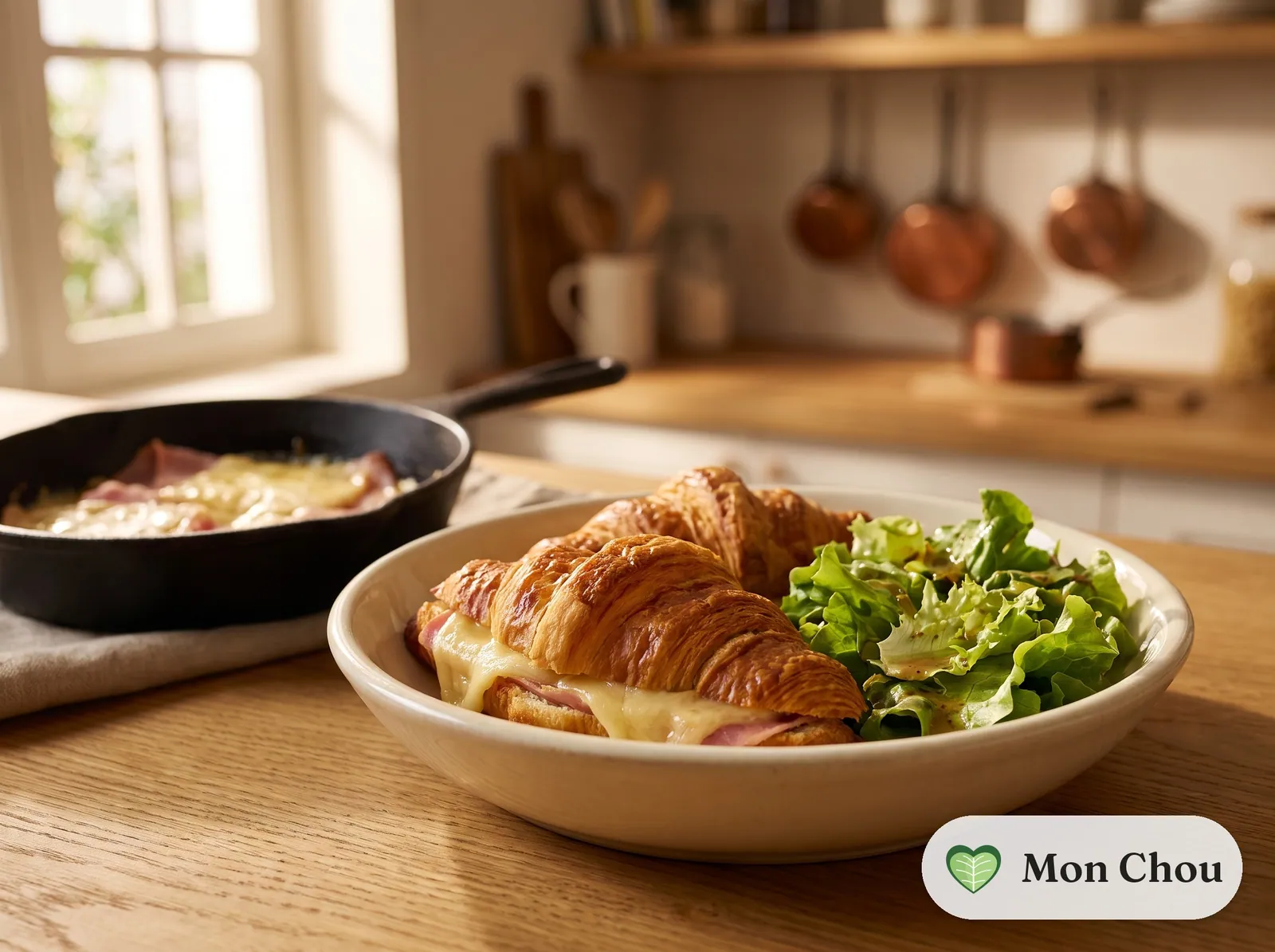 Ham and cheese croissants with green salad