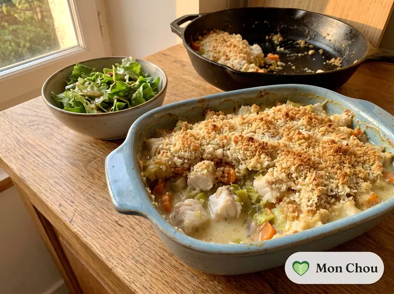 Crumble de poisson aux légumes et salade