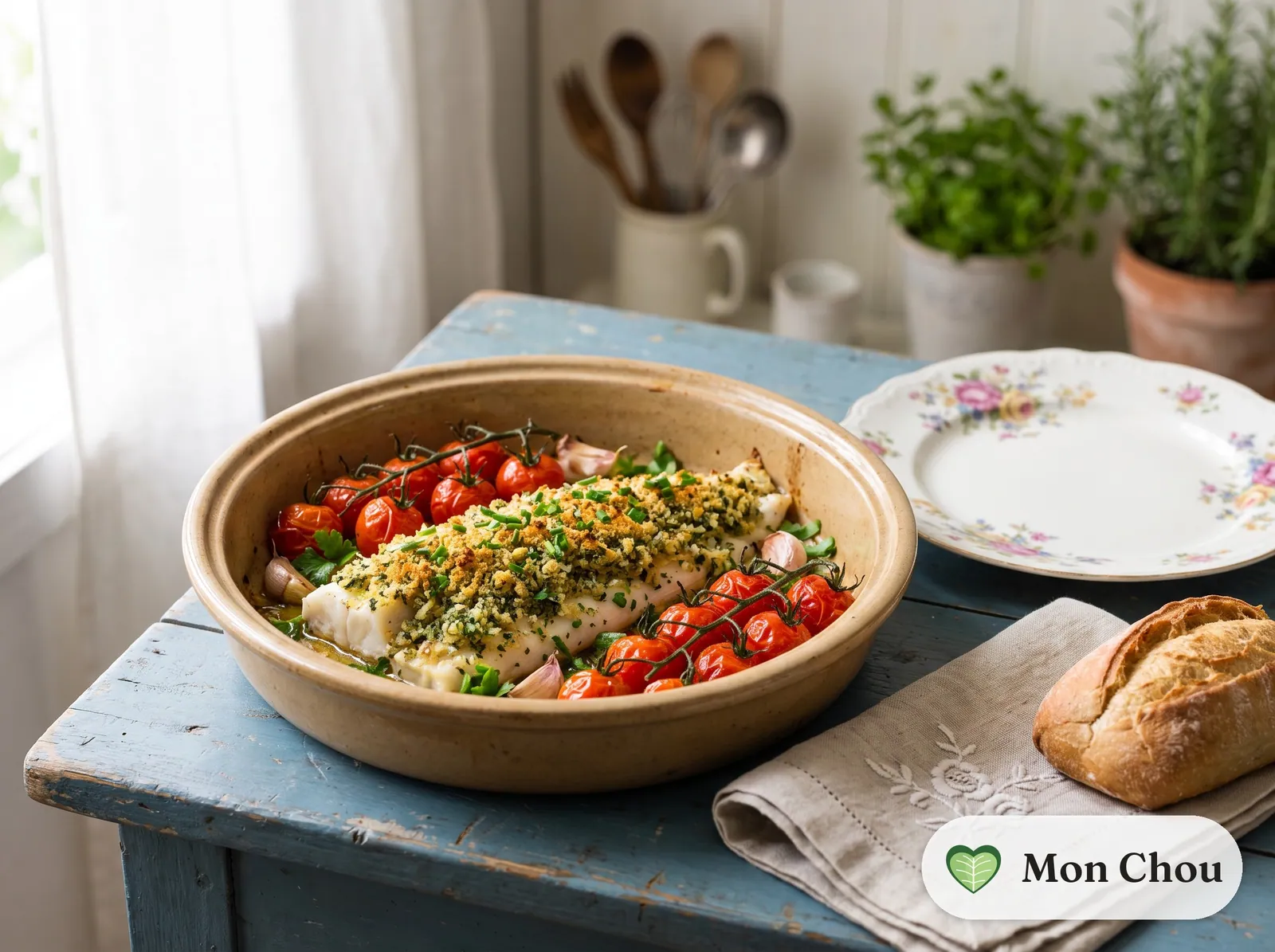 Églefin en croûte d&rsquo;herbes et tomates rôties