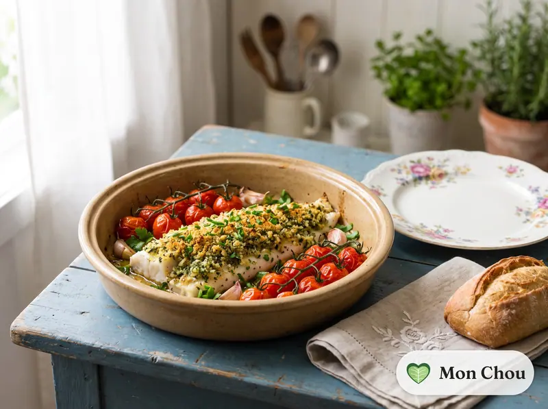 Églefin en croûte d&rsquo;herbes et tomates rôties