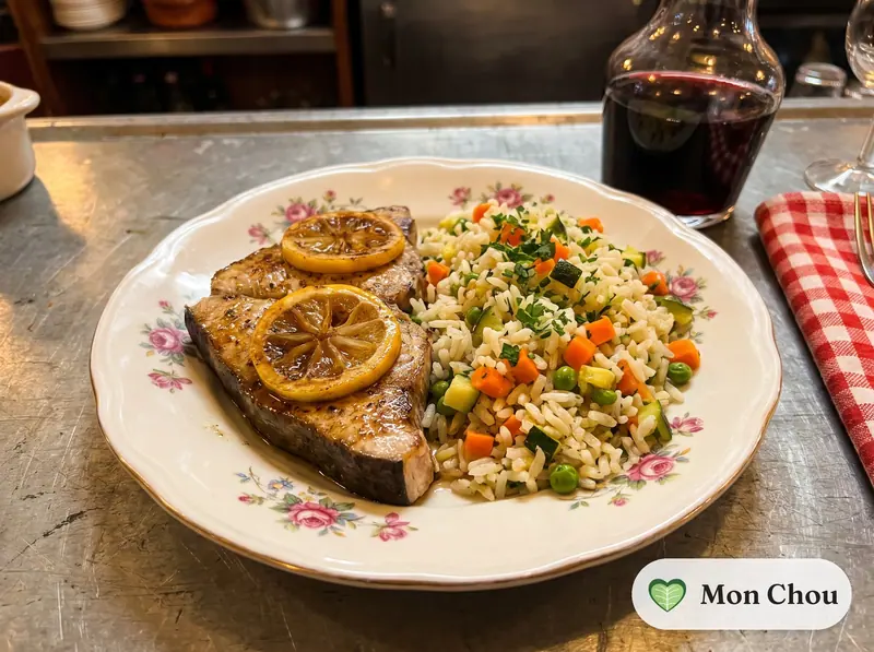 Espadon au citron et riz aux légumes