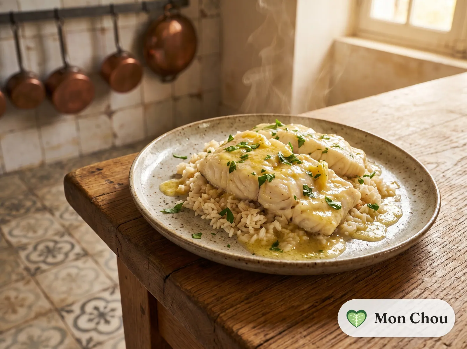 Pan seared halibut with lemon butter and rice