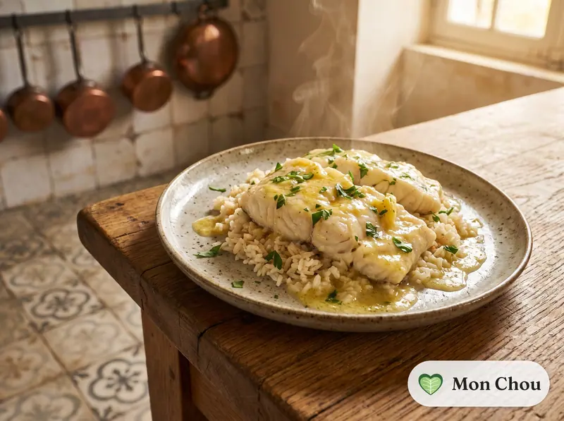 Flétan au beurre citronné et riz