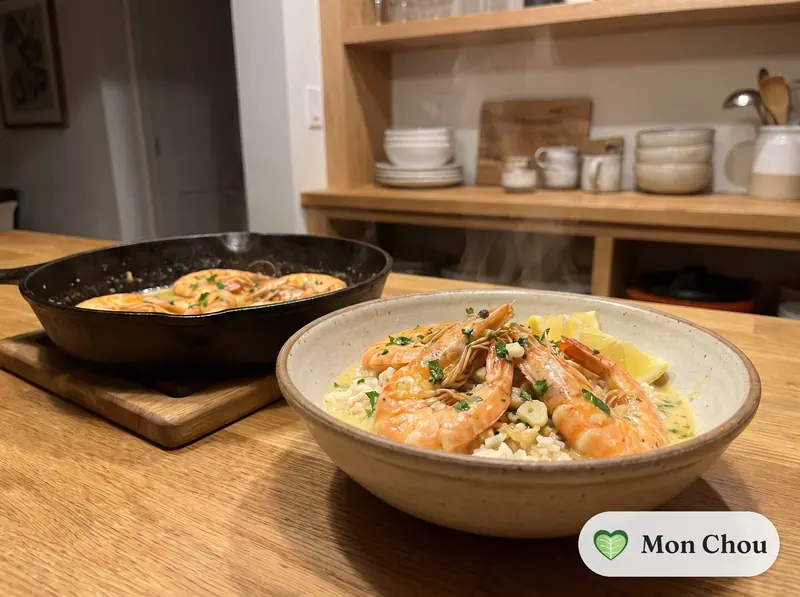 Gambas flambées et riz