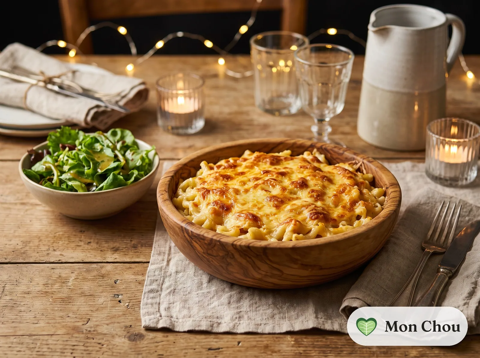Gratin de macaronis et salade verte