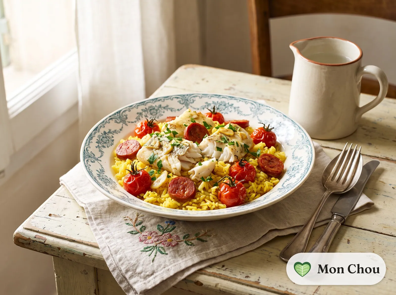 Merlu rôti au chorizo et riz