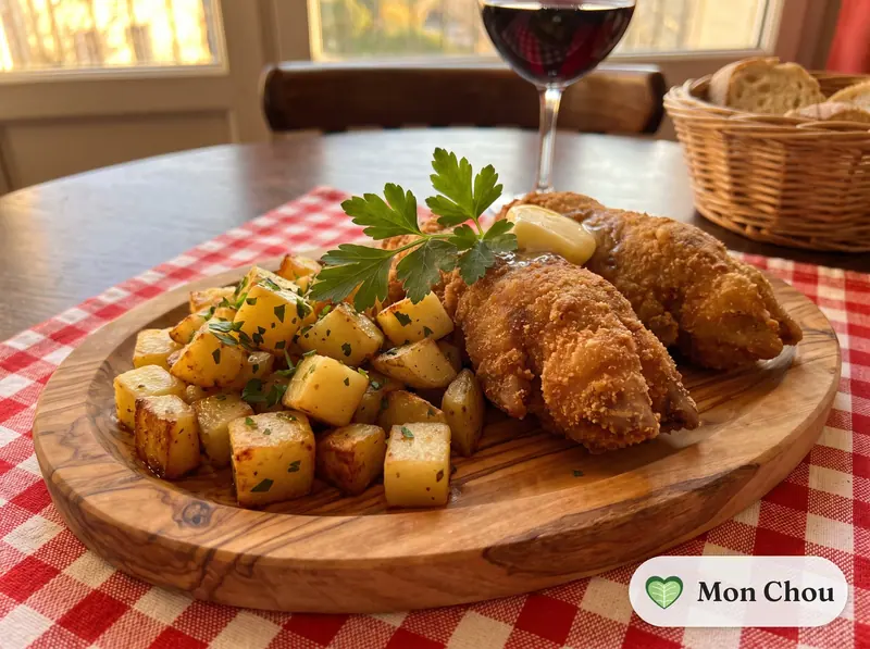 Pieds de porc panés et pommes sautées