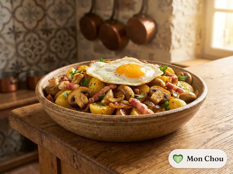 Poêlée forestière aux lardons et œuf au plat
