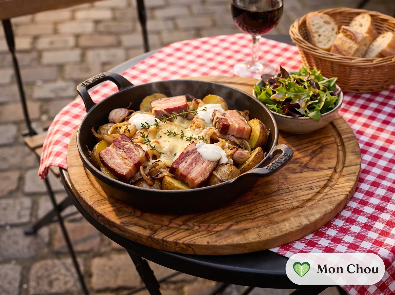 Potato and bacon casserole with green salad