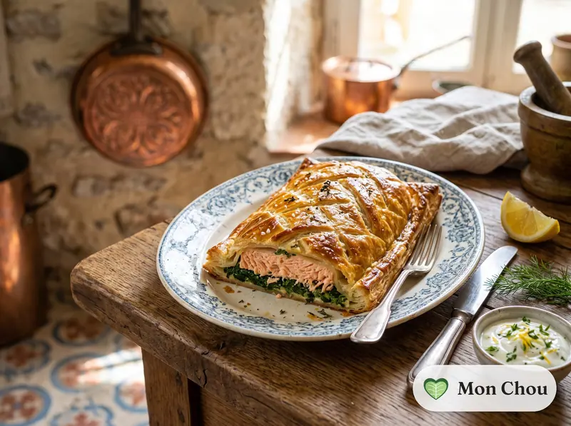 Saumon en croûte feuilletée et épinards