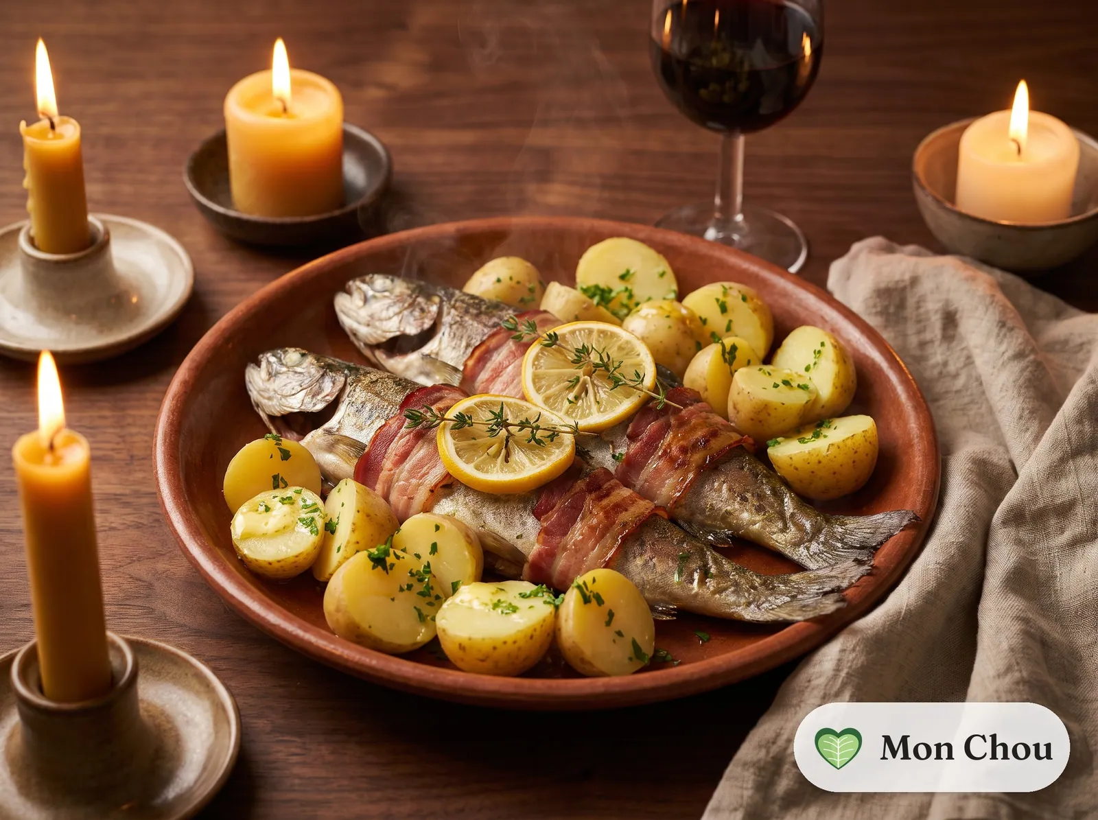 Truite rôtie au lard et pommes vapeur