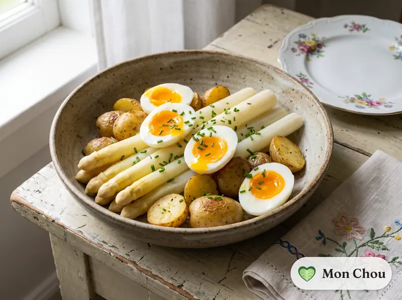 White asparagus with soft-boiled eggs and potatoes