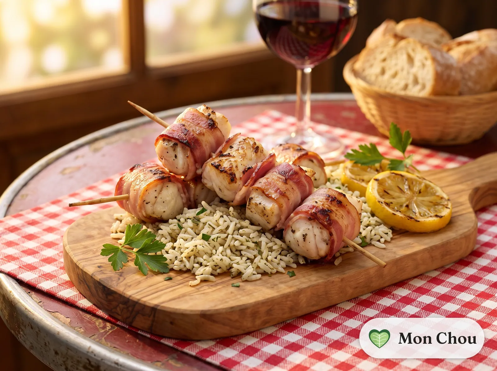 Brochettes de lotte au lard et riz