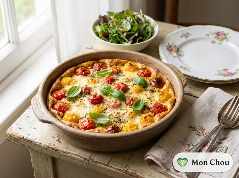 Clafoutis salé aux tomates cerises et salade