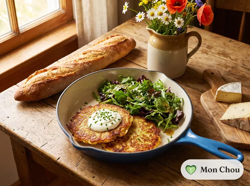Galettes de pommes de terre râpées et salade verte