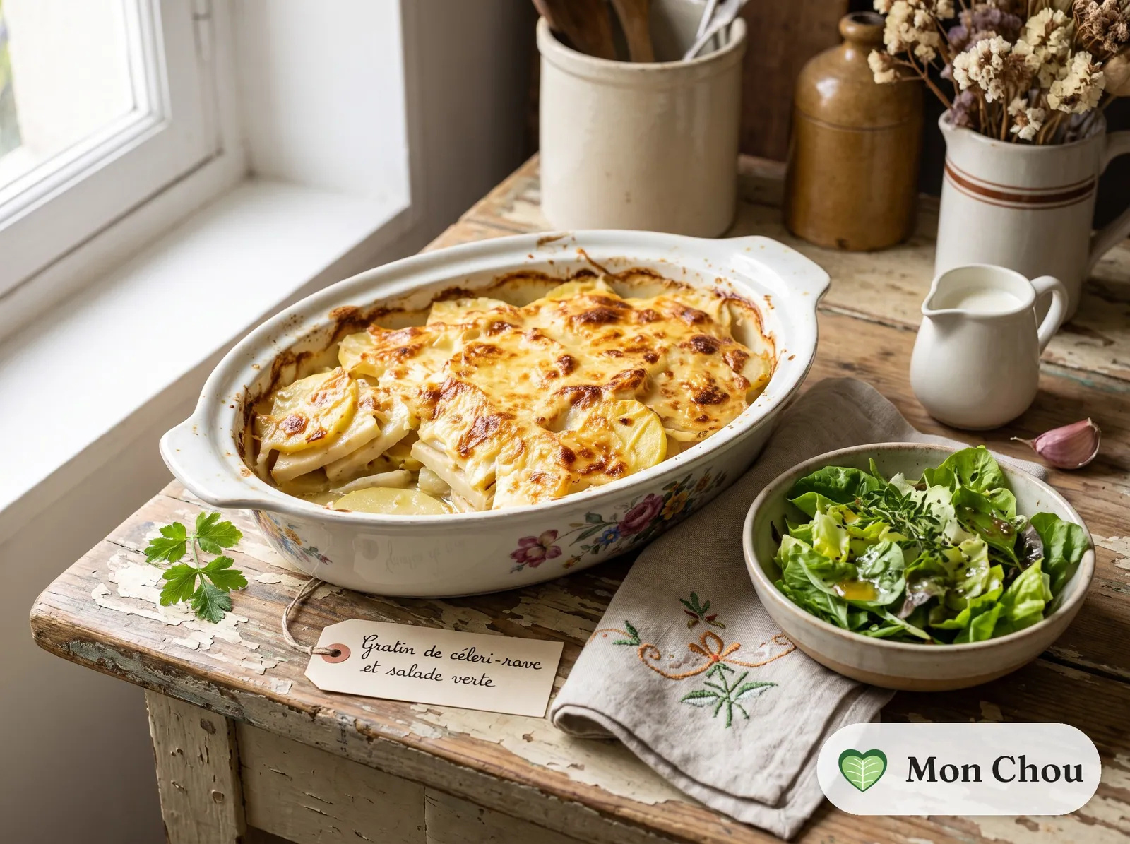 Gratin de céleri-rave et salade verte