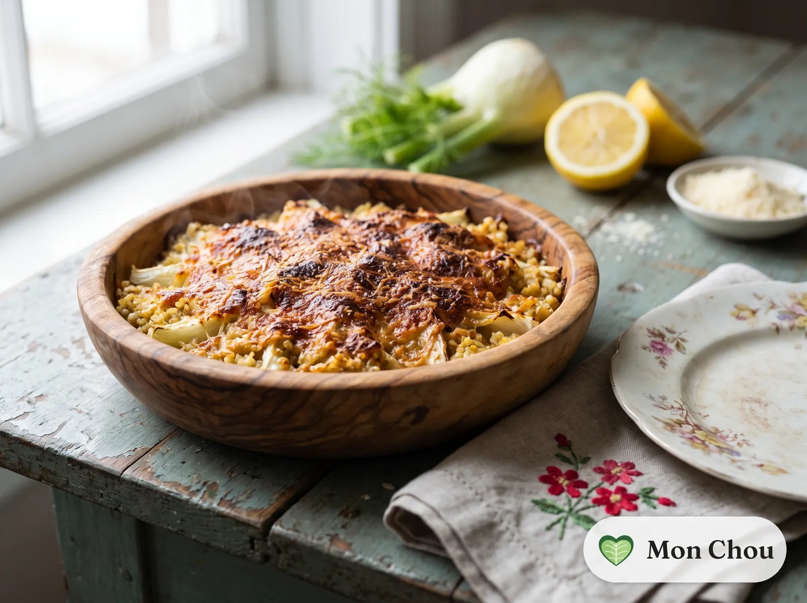 Fennel gratin with parmesan and bulgur