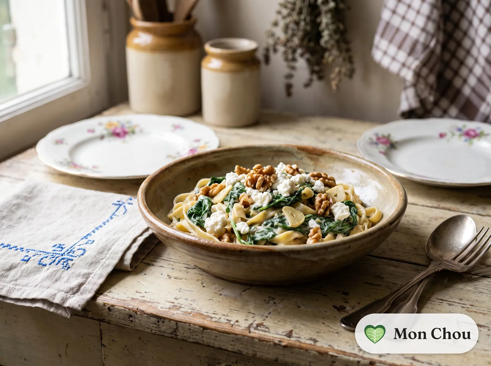 Pâtes au chèvre, épinards et noix