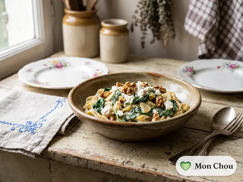 Pâtes au chèvre, épinards et noix