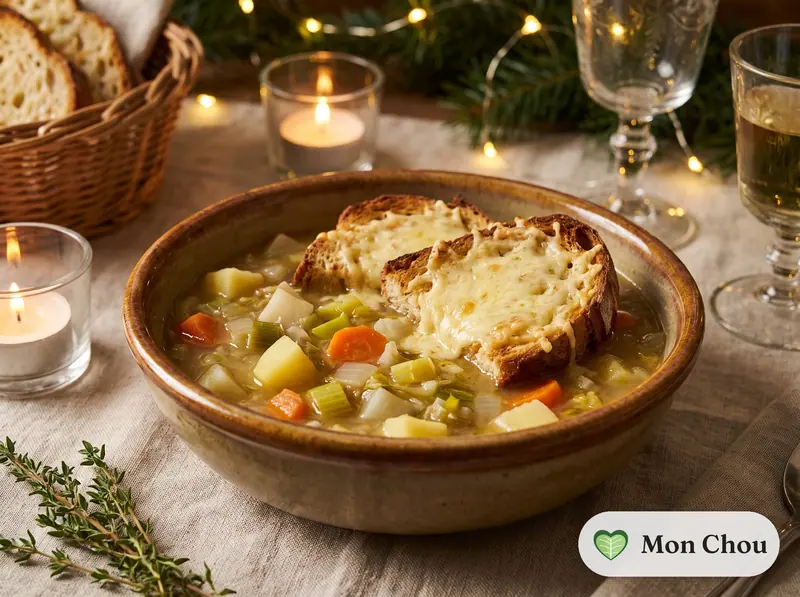 Soupe paysanne aux légumes et croûtons au fromage