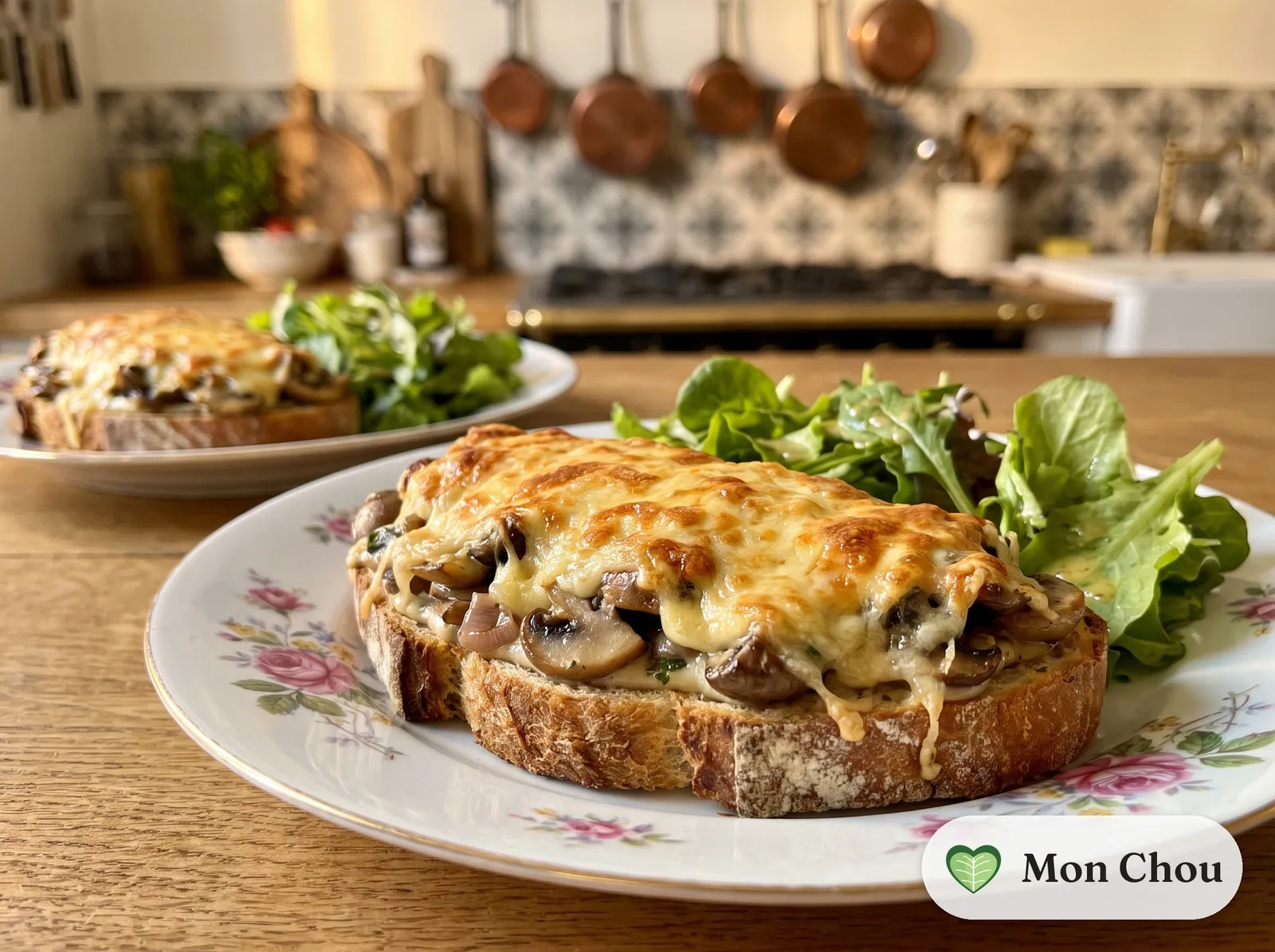 Tartines gratinées aux champignons et salade
