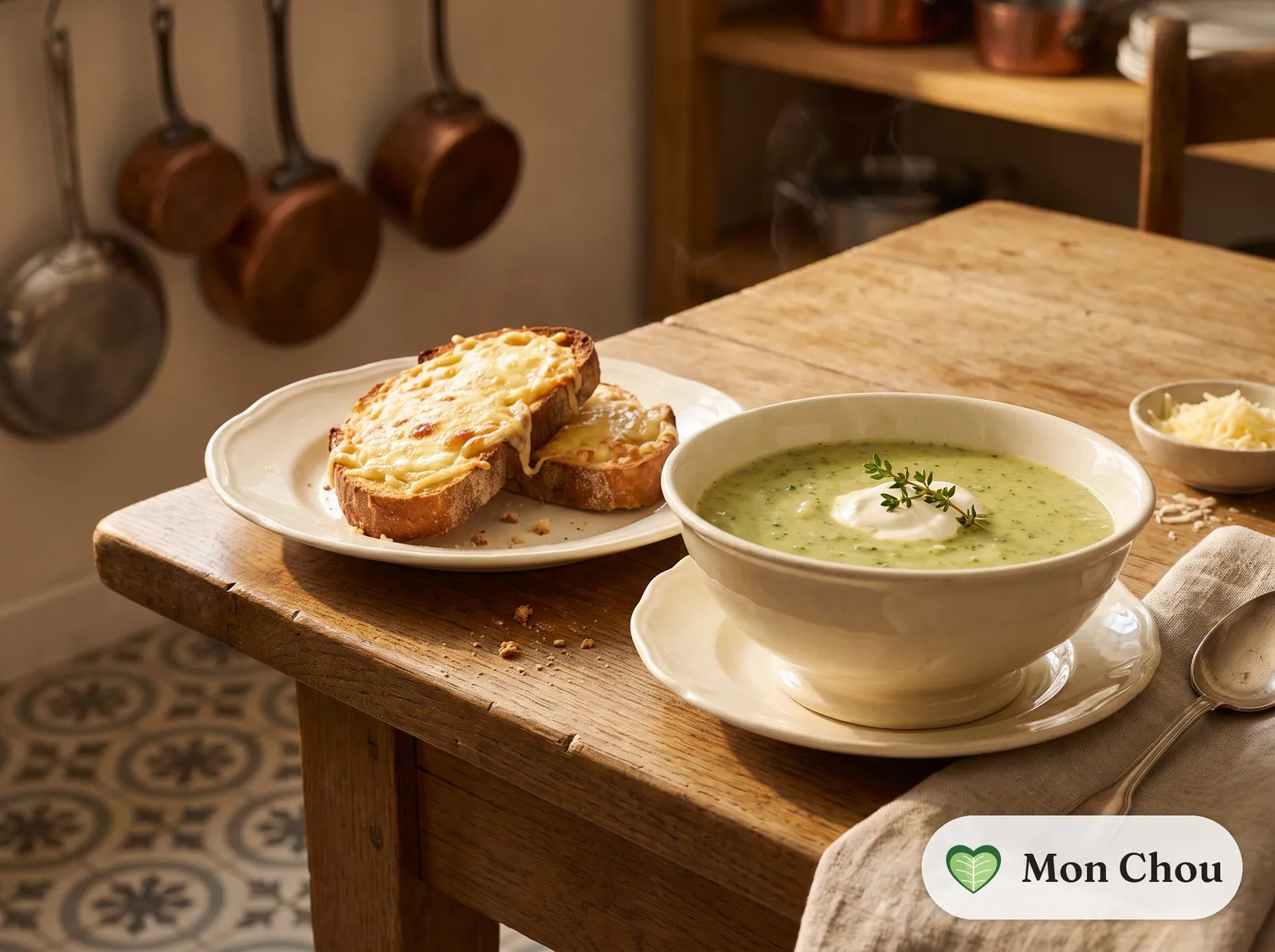 Velouté de brocoli et tartines au fromage