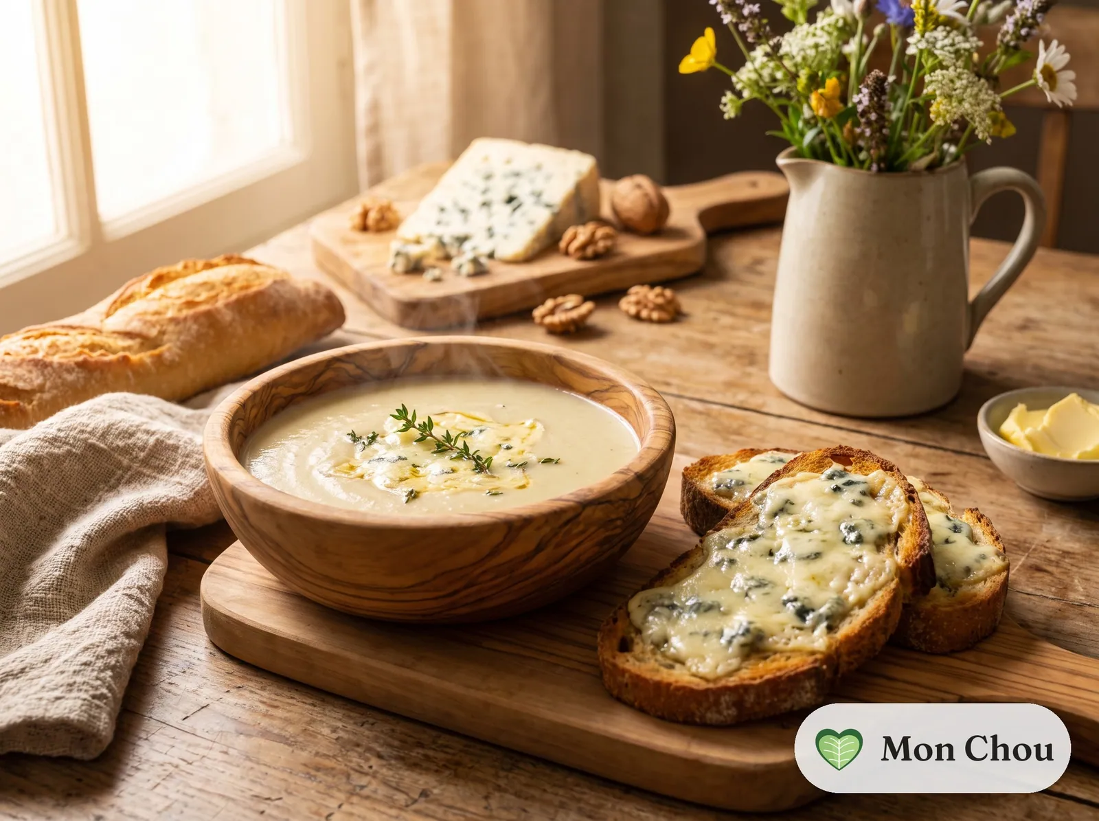 Velouté de céleri et tartines au bleu