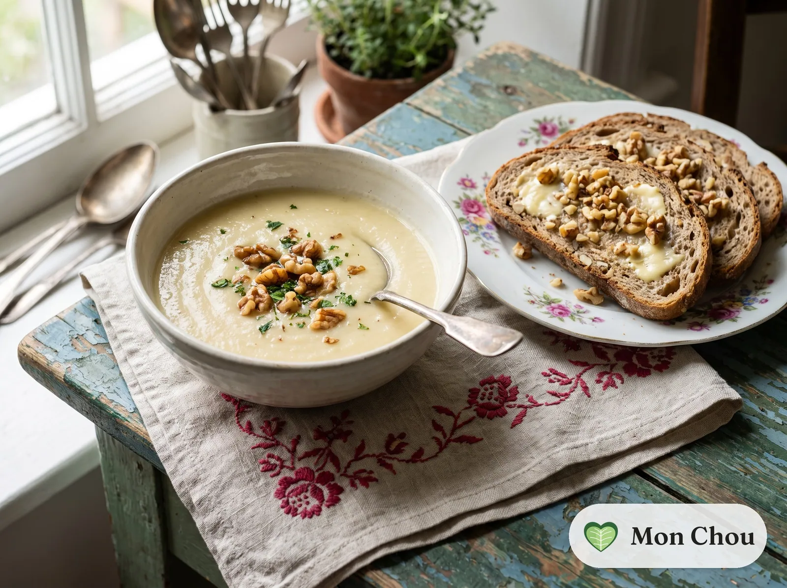 Velouté de panais et tartines aux noix