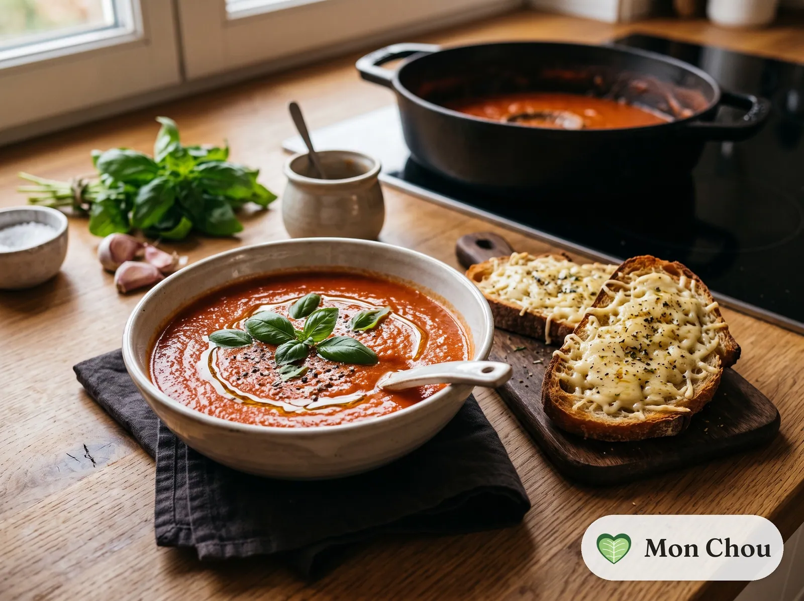 Velouté de tomate et tartines grillées au fromage