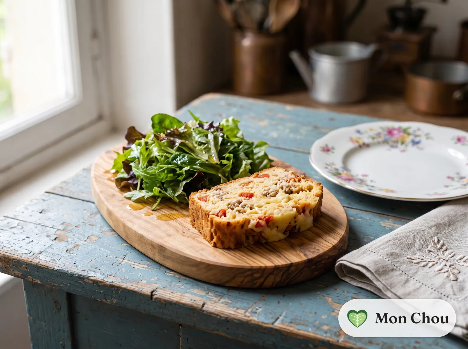 Cake au thon et à la tomate, salade