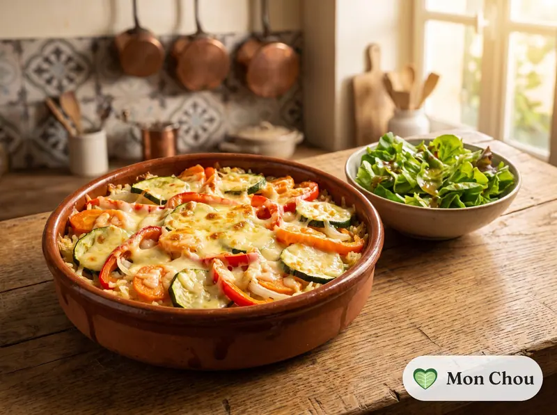 Gratin de riz aux légumes et salade