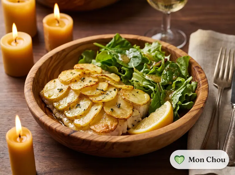Lieu noir en écailles de pommes de terre et salade