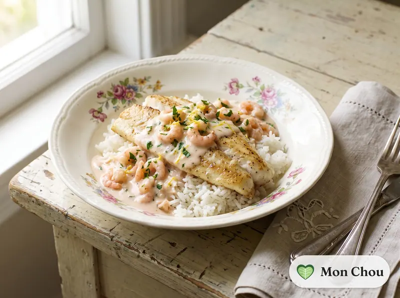 Lieu noir sauce aux crevettes et riz