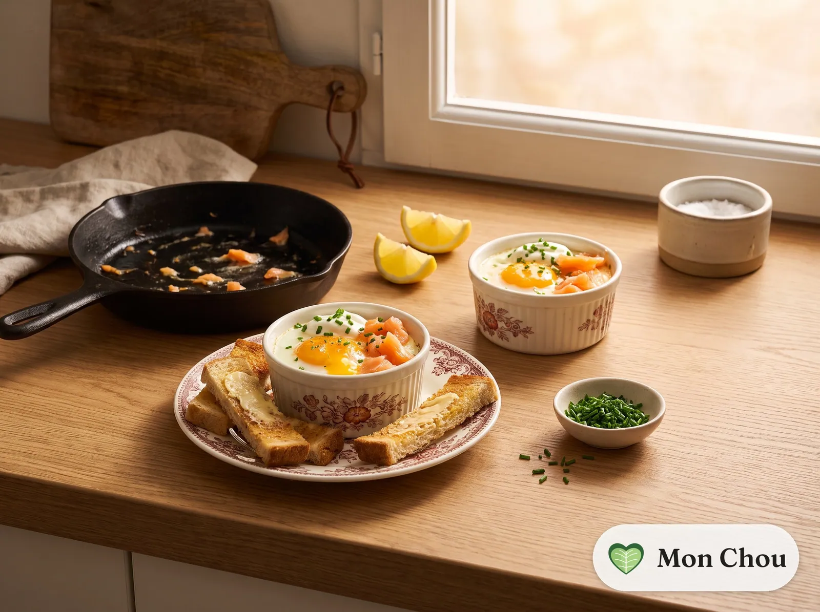 Œufs cocotte au saumon fumé et mouillettes