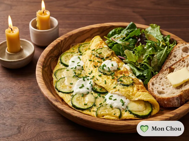 Omelette aux courgettes et chèvre, salade