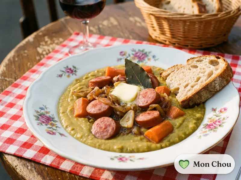 Purée de pois cassés et saucisse fumée