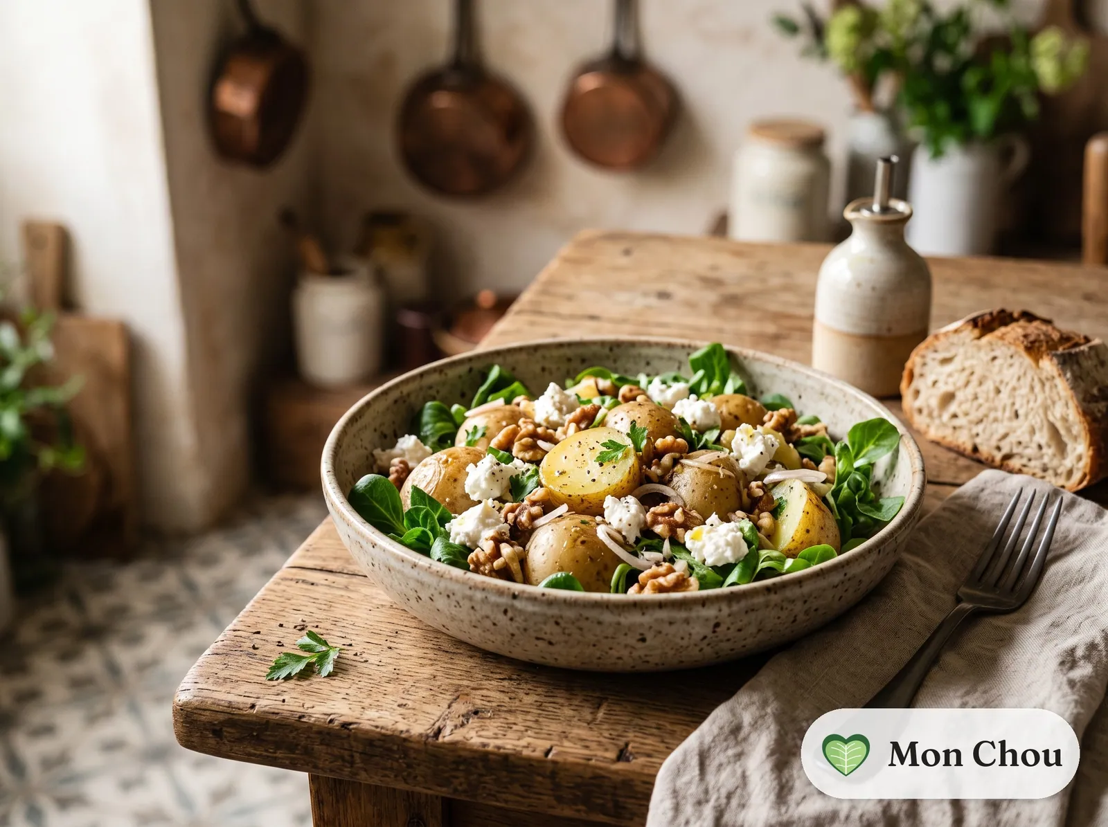 Warm potato salad with goat cheese and walnuts