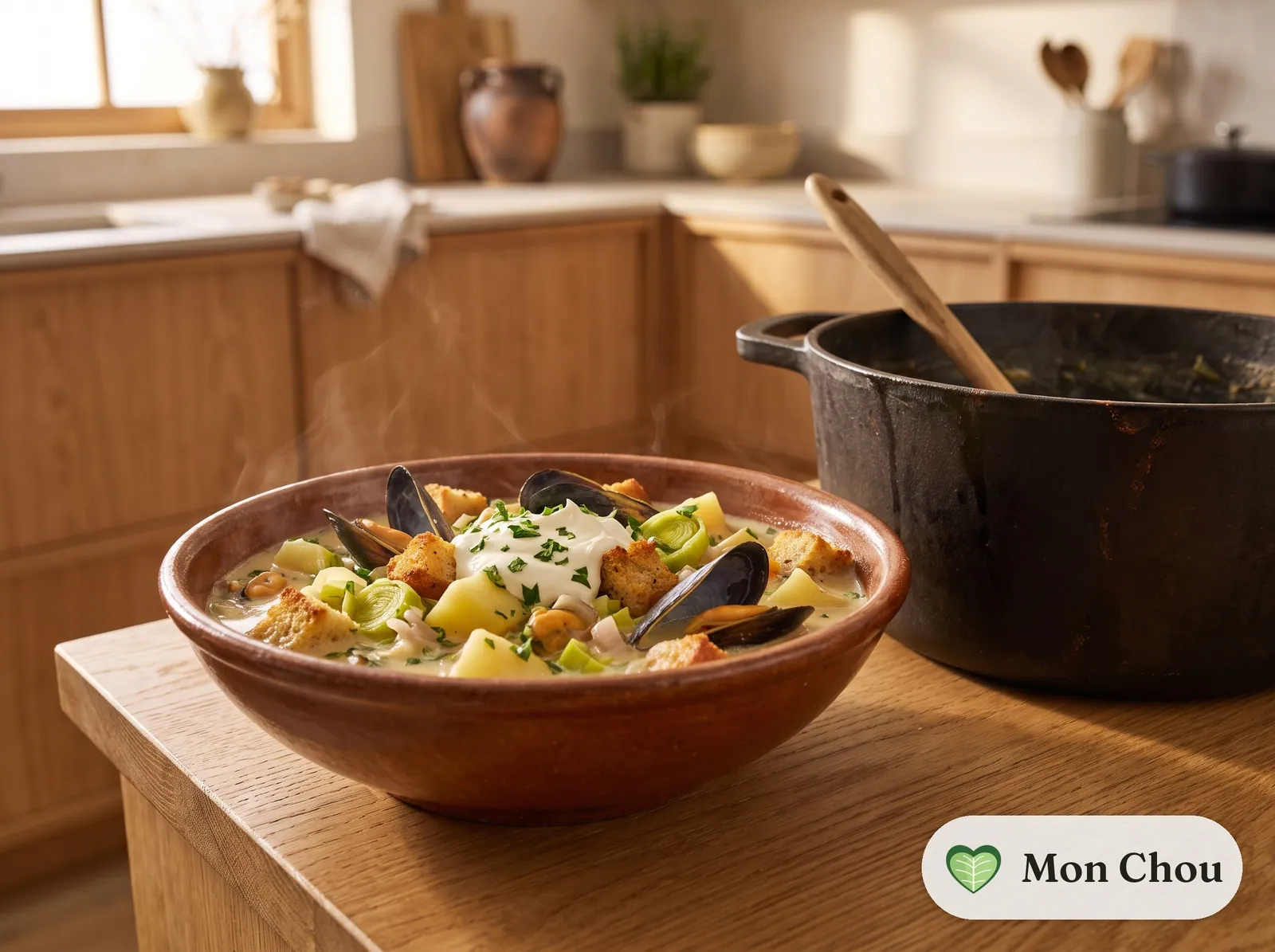 Soupe de moules à la crème et croûtons