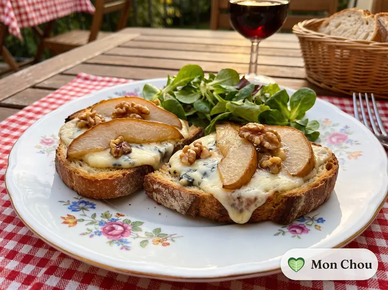 Tartines de bleu aux poires et salade