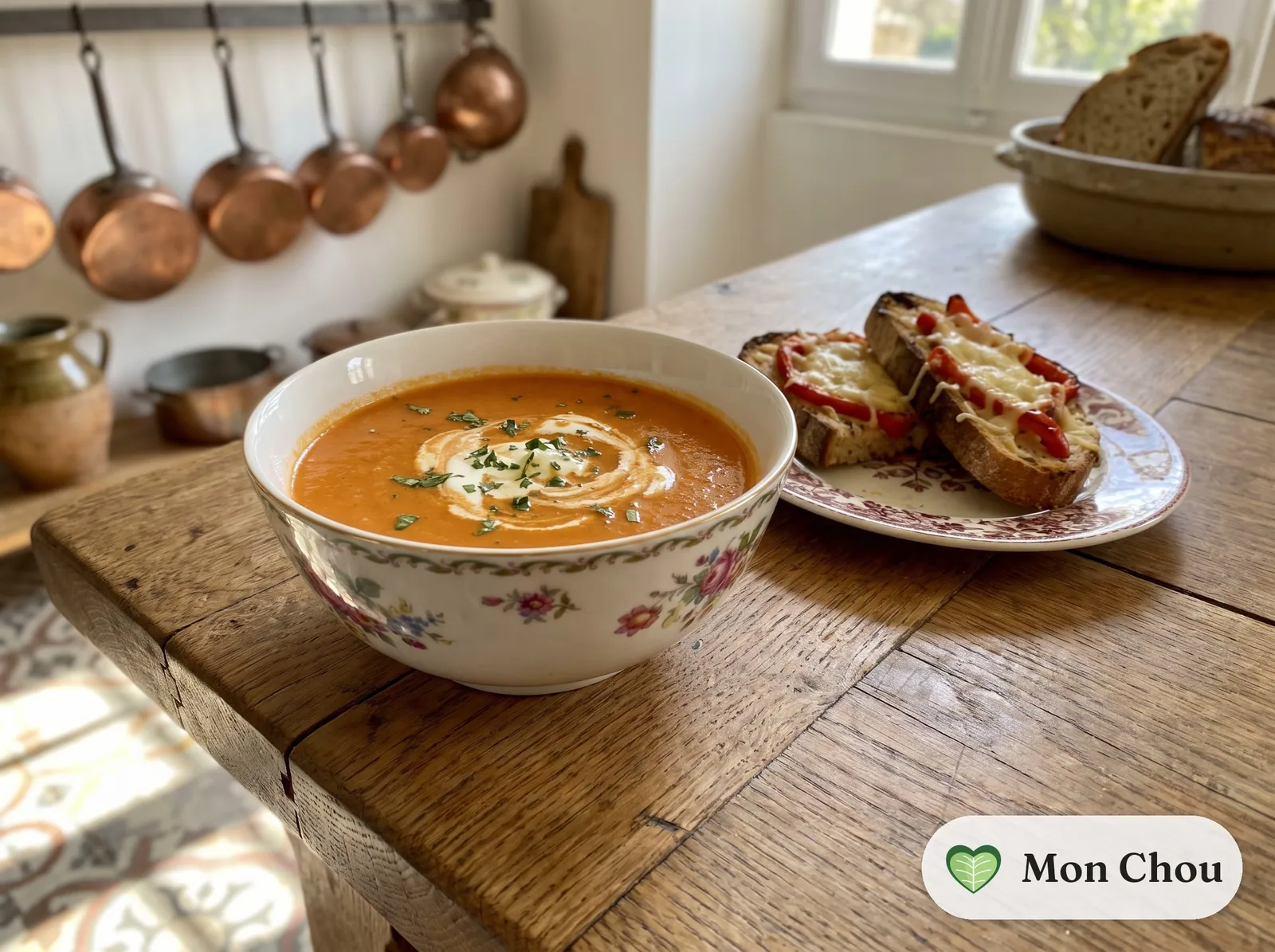 Roasted red pepper soup with grilled cheese toasts