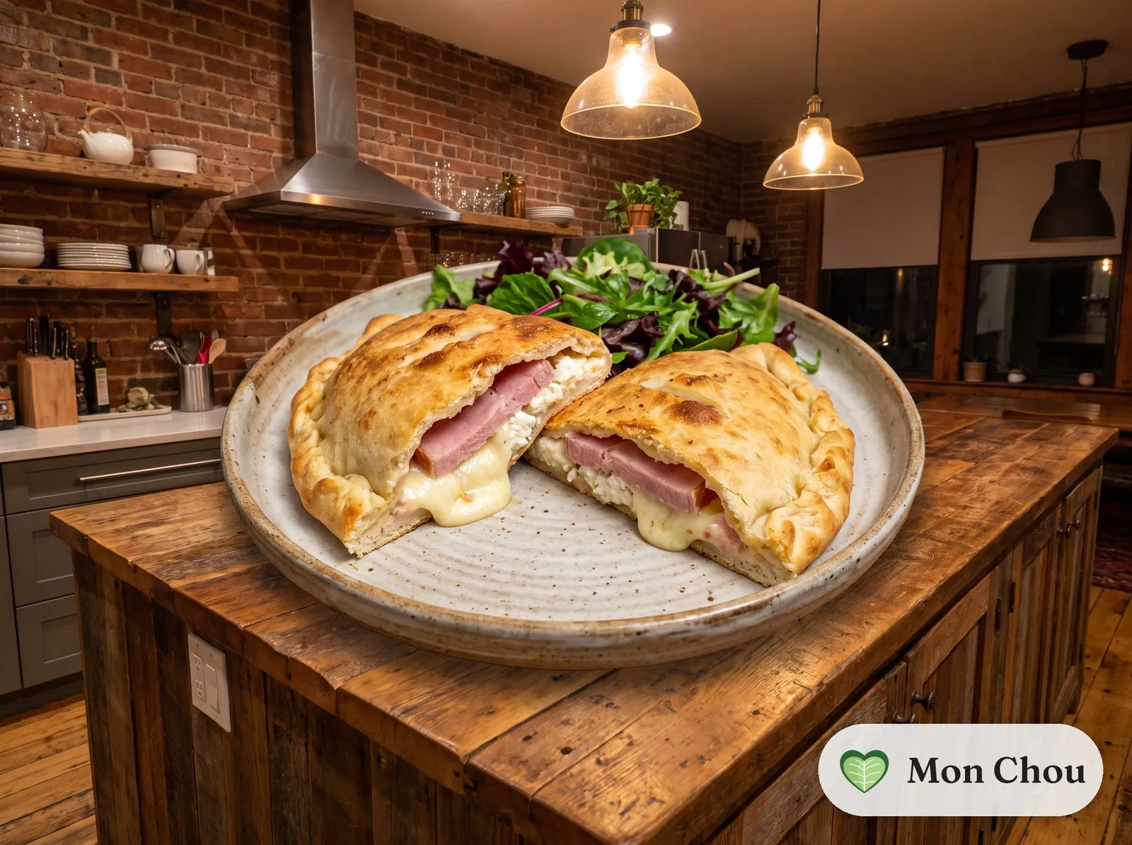 Ham and mozzarella calzone with salad