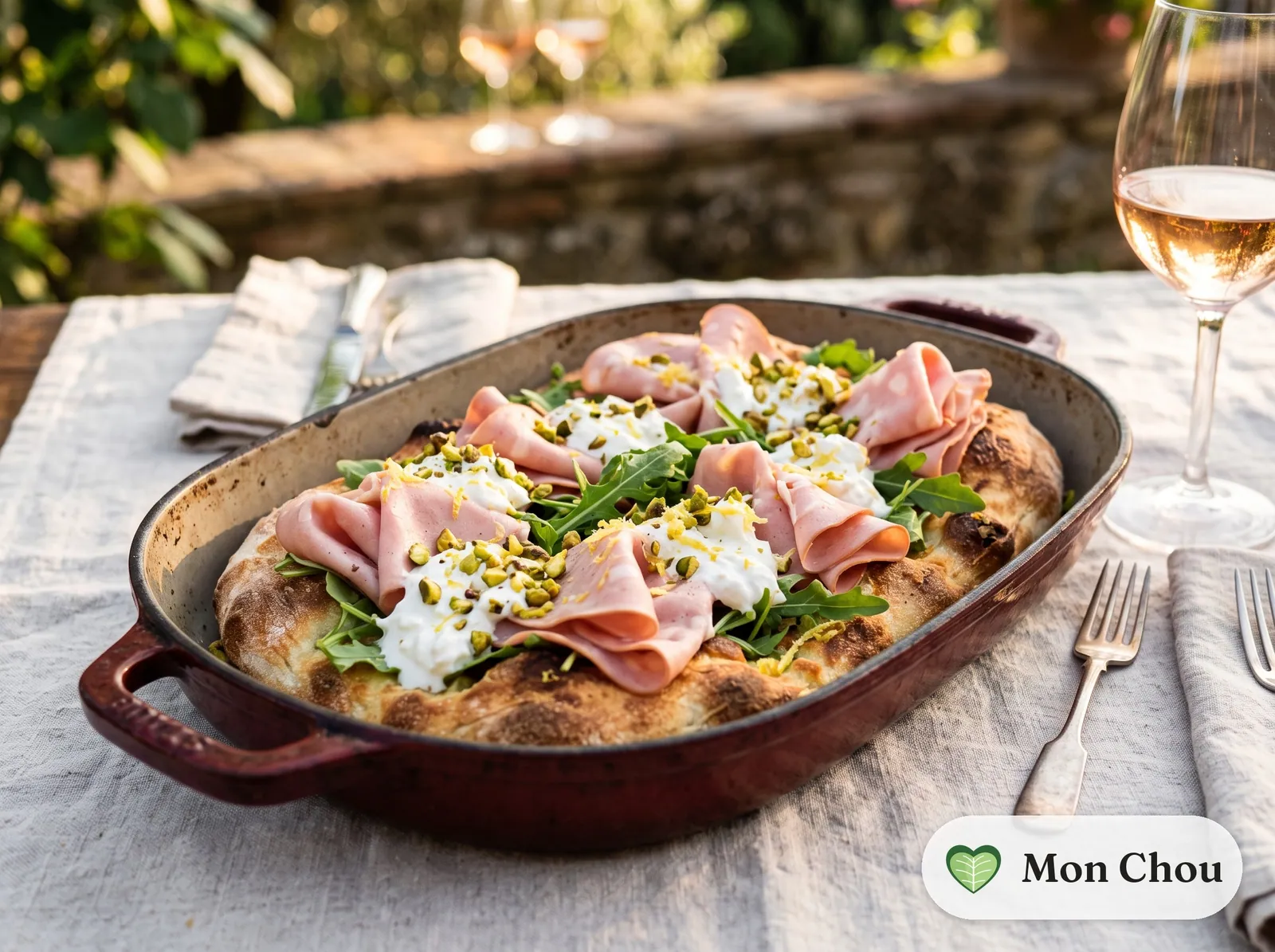 Pinsa romaine à la mortadelle et pistache
