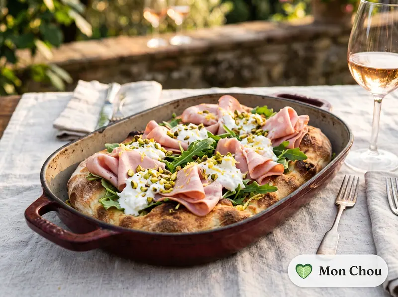 Roman pinsa with mortadella and pistachio