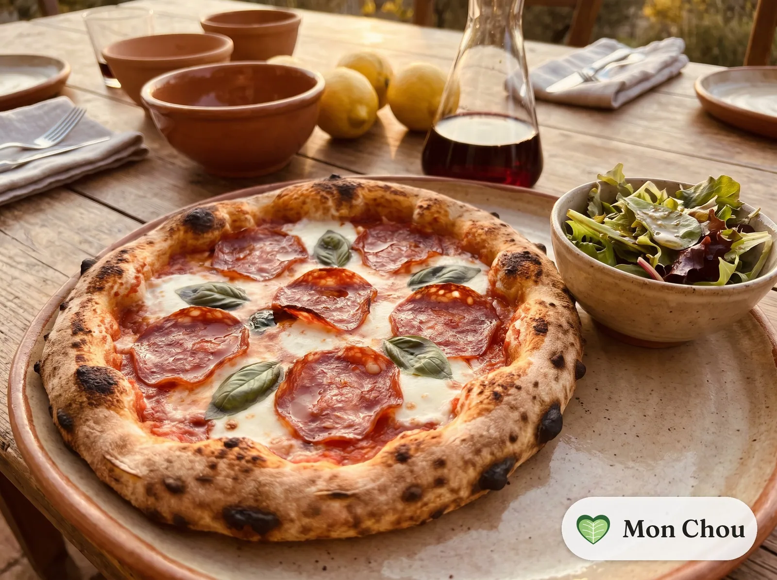 Diavola pizza with salad