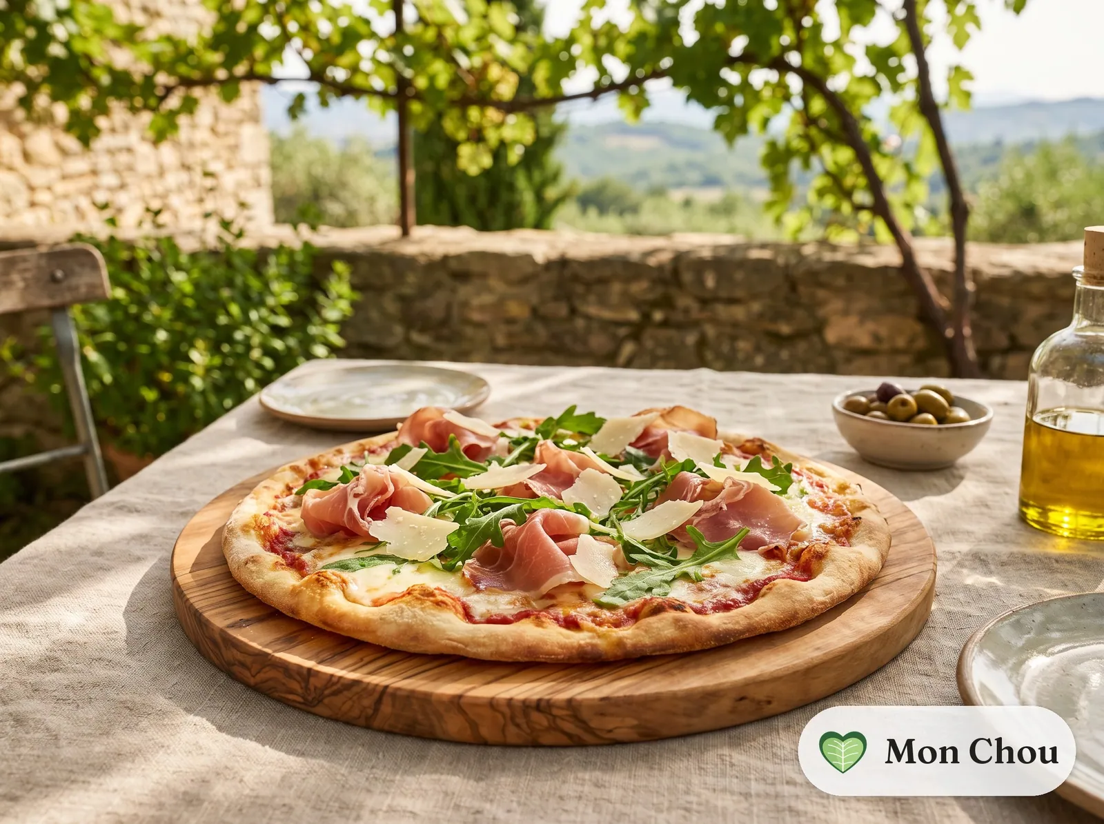 Pizza mit Parmaschinken und Rucola