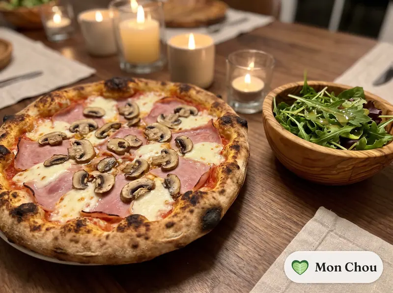 Pizza reine maison et salade