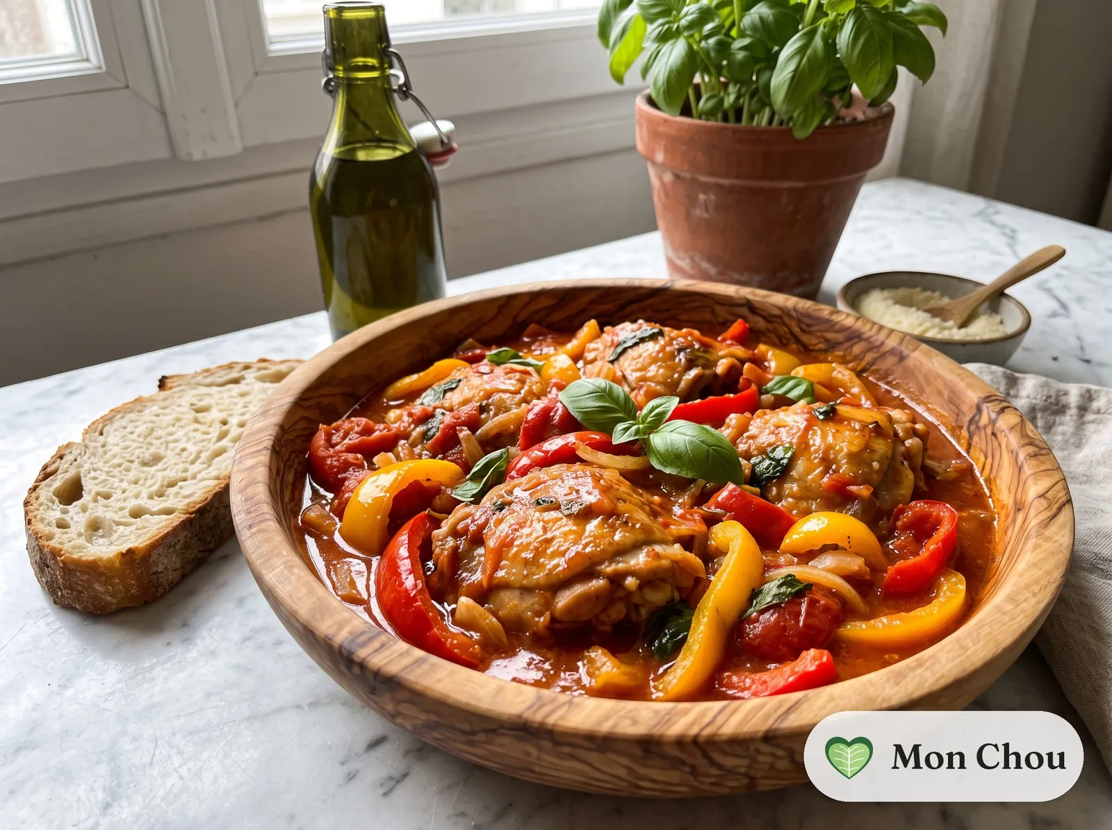 Hähnchen mit Paprika nach römischer Art und Brot