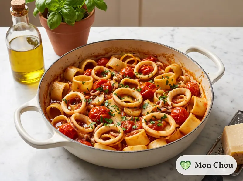 Calamarata aux calamars et tomates cerises